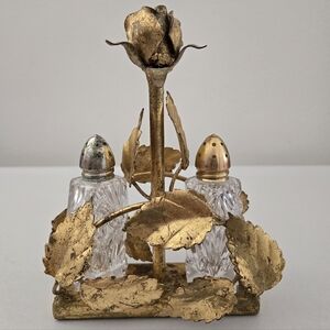 VTG MCM Italian Gold Leaf Shaker Stand West Germany Crystal Salt Pepper Shakers